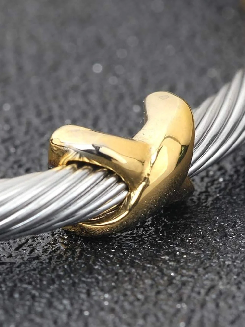 Two-Tone Twisted Cable Open Cuff Bracelet - Silver & Gold - Picture 2 of 6
